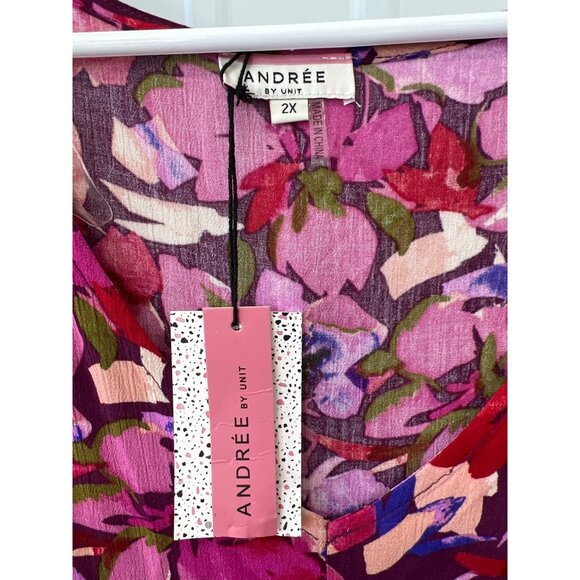 Andrée By Unit V Neck Floral Tunic Top Plus Size 2X Bell Sleeve Purple Multi NEW - Picture 3 of 6
